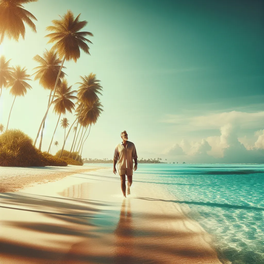 A serene, sun-drenched beach with palm trees, crystal clear turquoise water, and a lone figure walking along the shore.