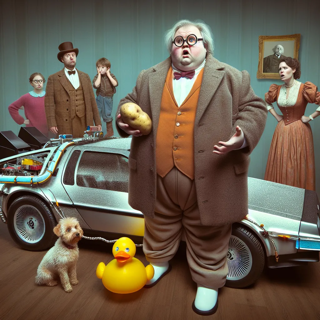 An image of Peter Griffin standing beside a sparkling vintage DeLorean, wearing oversized 19th-century clothing and holding a potato in one hand and a rubber duck in the other. Behind him, Stewie is observing with a sarcastic expression, while Brian looks exasperated, and Lois appears annoyed. The image captures the humor and chaos of Peter's time-traveling adventures.