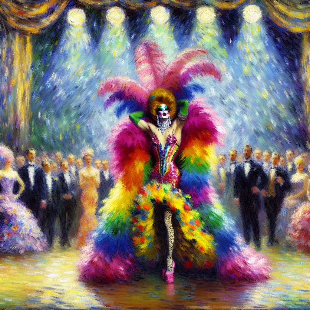 Transformation, Gender, Performance, Drag queen, Self-discovery. in the style of Monet