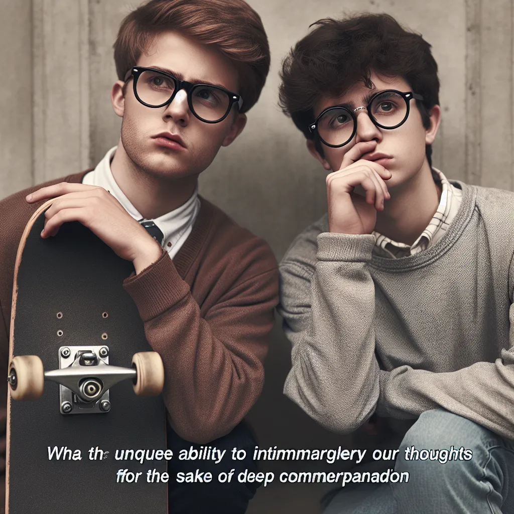 A young man with thick-rimmed glasses stands next to his carefree best friend, who holds a skateboard. There is an air of curiosity and trust between them as they contemplate the possibility of fusing their minds and bodies to truly understand one another. They stand in a patch of concrete, their friendship forever changed by an unspoken bond created through their unique and bizarre power.