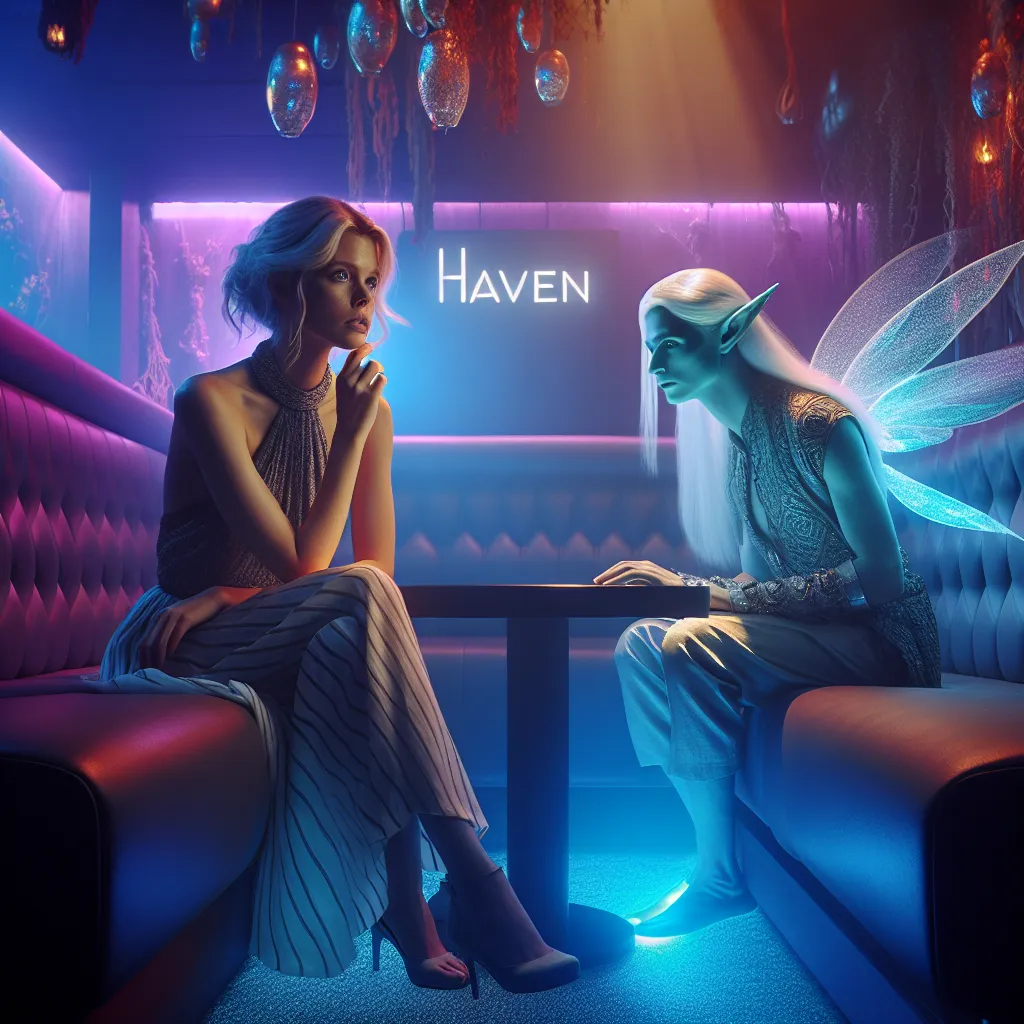 A woman, Lena, sits in a private booth at her club, Haven, waiting anxiously. The atmosphere is painted with shifting colors from ambient lights. A mysterious elf enters, bringing a sense of calm and anticipation to Lena's restless heart. Their meeting offers a chance for hope, solace, and maybe something more.