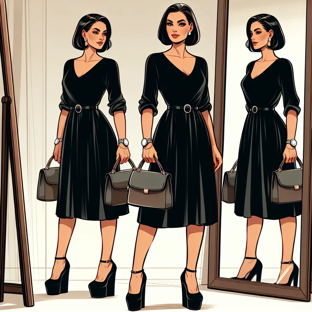 An image showing a confident and composed woman wearing an elegant black dress, holding a purse, and wearing platform sandals with her hair neatly styled, standing in front of a mirror.