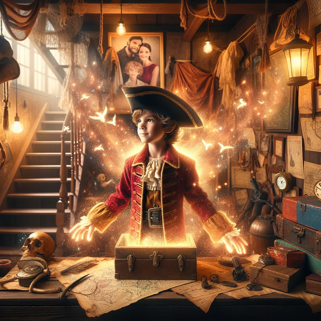 A magical transformation unfolds in an attic as young Oliver Jameson becomes a daring pirate captain. His wish for adventure comes true, but family love ultimately guides him home, blending two lives in one heartwarming tale.