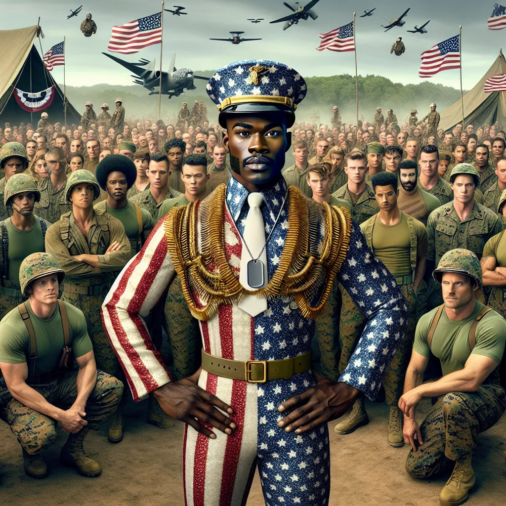 A Marine wakes up transformed into an all-American pin-up girl in a flag bikini, complete with a dog tag hanging between her cleavage. Surrounded by her old squad and new recruits, she embraces her new appearance while maintaining her Marine toughness and determination.