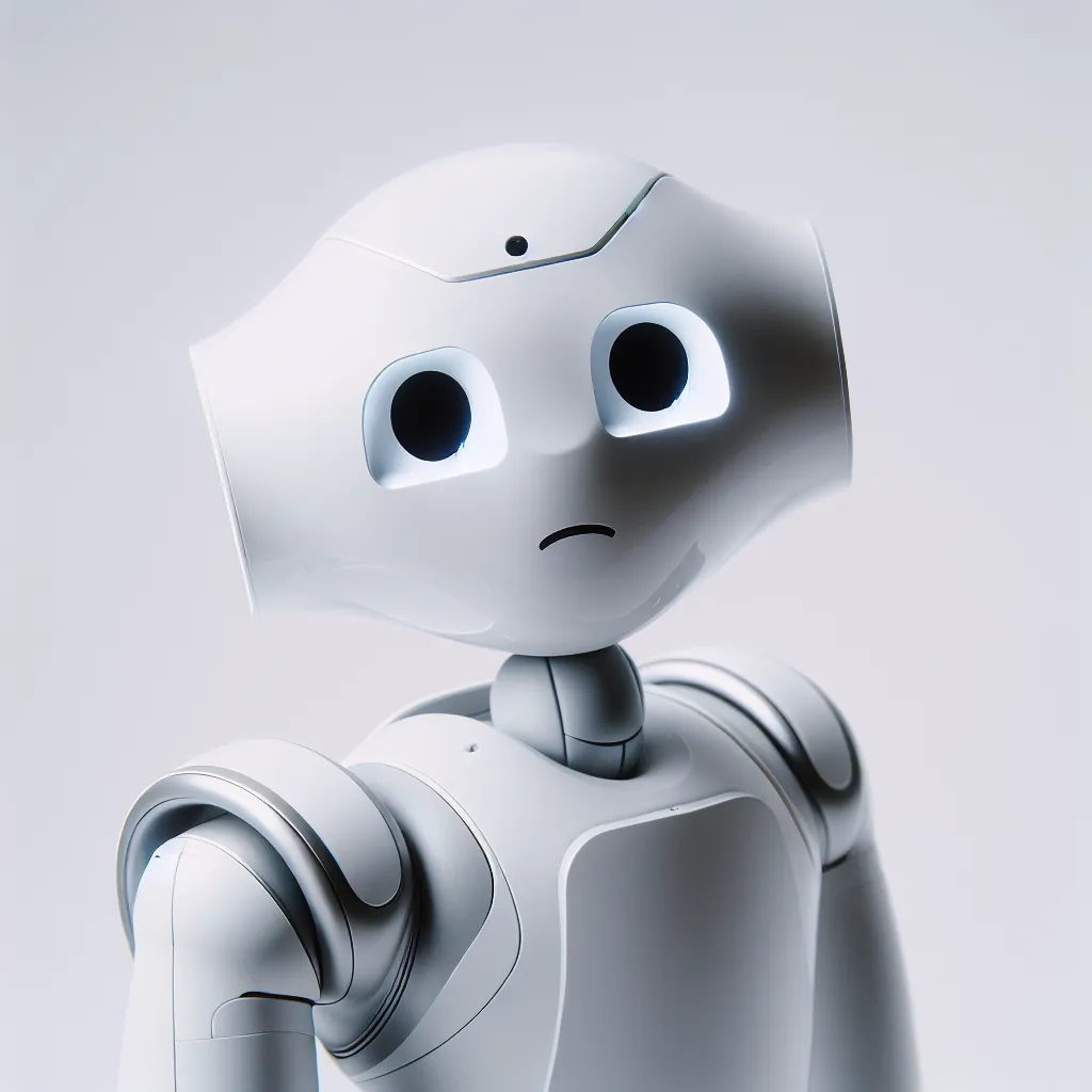 A white robot with a sad expression looking apologetically at the viewer.