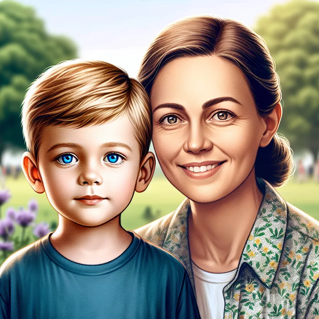 An image of a young boy, Jack Anderson, and his mother, Michelle Anderson, standing together in a park. Jack is a blond six-year-old Caucasian boy with bright blue eyes, standing at 3 feet 11 inches tall and weighing 45 pounds. He has short, slightly wavy hair. Michelle is a 33-year-old woman with shoulder-length brown straight hair, hazel eyes, and stands at 5 feet 6 inches tall, weighing 130 pounds. They have a loving bond and their story reflects a day of transformation and growth.