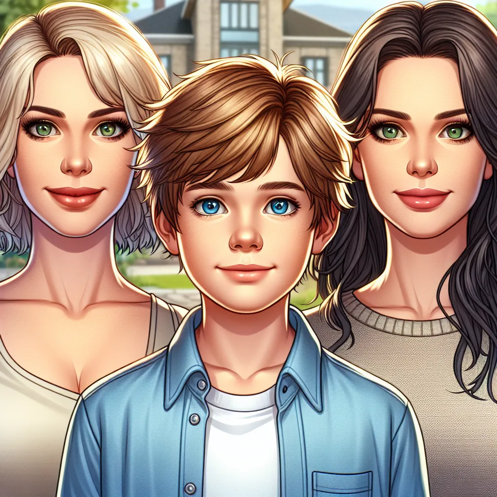 A generative image of a young boy named Timmy Carter, his mother Lisa, and his aunt Jessica. Timmy is 7 years old, with sandy blond hair and bright blue eyes. Lisa is 29 years old, with chestnut brown hair and deep green eyes. Jessica is 27 years old, with dark brunette hair and hazel eyes. They are depicted standing together in a suburban neighborhood.