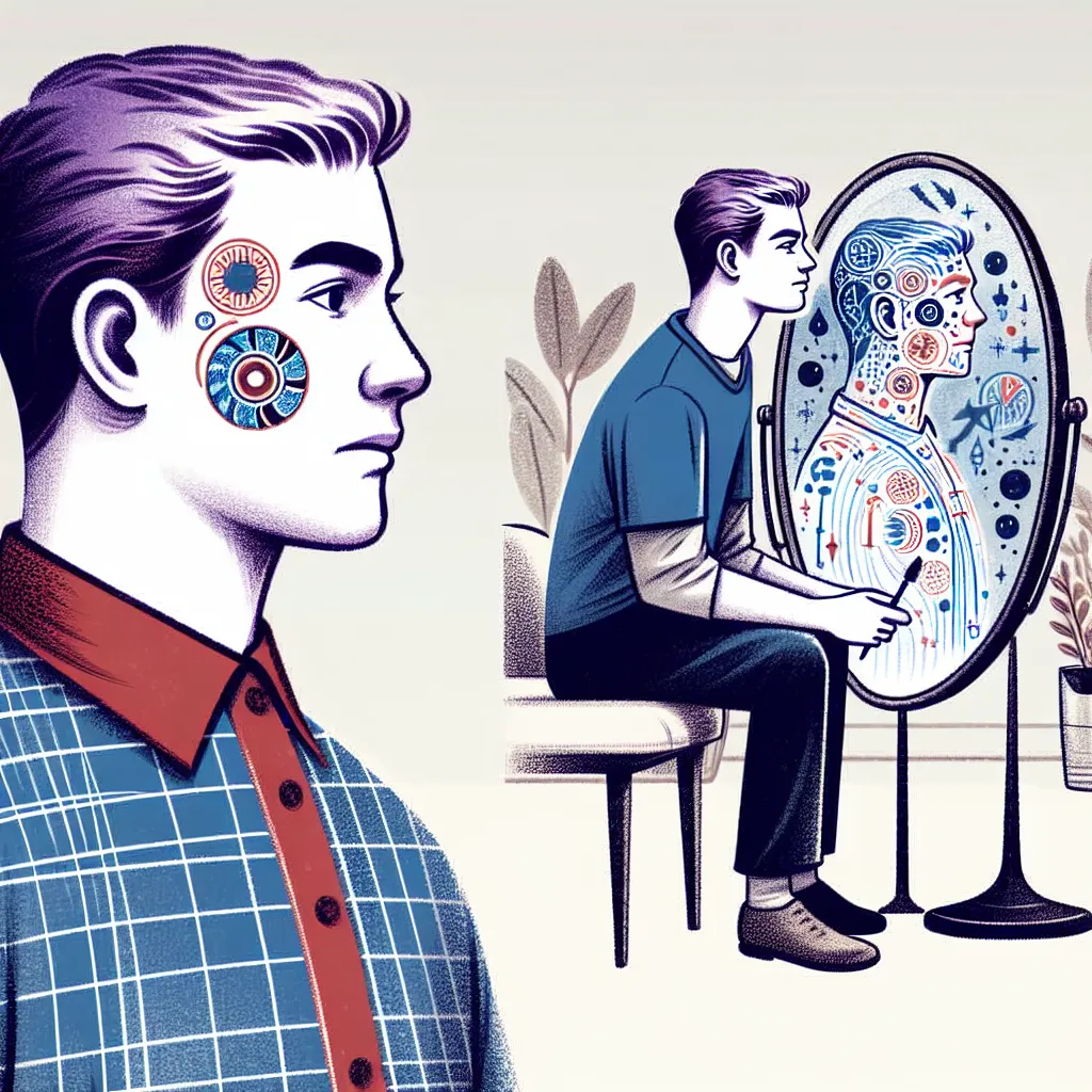 An image of a young man, Ethan, and his wife's body inhabited by another young man, Luke, standing in front of a mirror. Luke is wearing Megan's clothes and striking a pose, while Ethan watches from a couch. The image captures the surreal nature of their body-swap journey and the sense of understanding and connection that begins to develop between them.