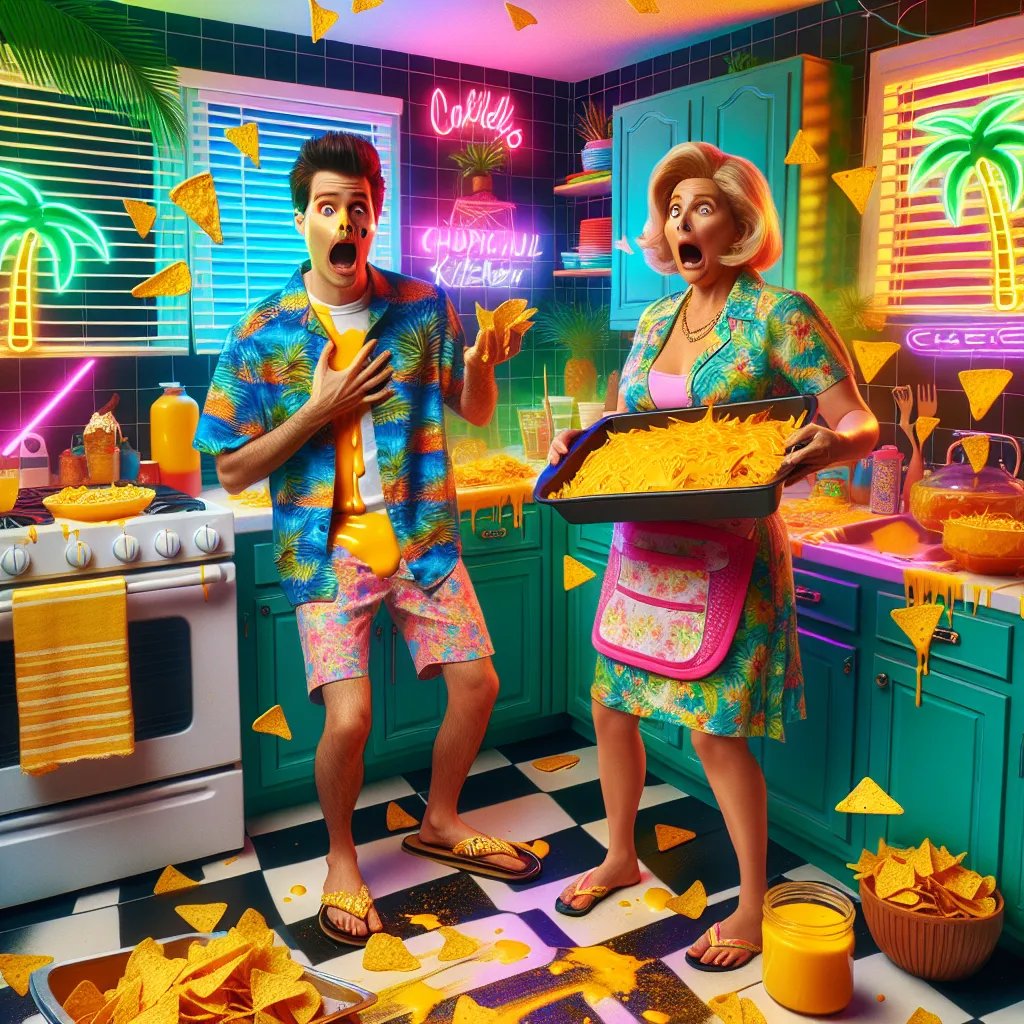 A humorous tale unfolds as Max swaps bodies with his friend's mom, leading to chaos in a neon-tropical kitchen filled with nachos, cheese dust, and unexpected burps. 🧀🕶️✨