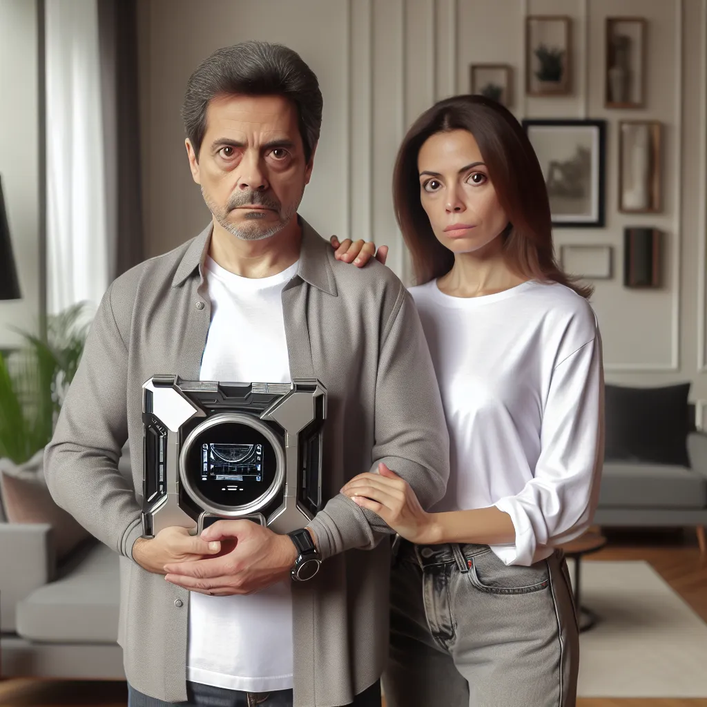 A middle-aged man and his wife stand in a living room holding a futuristic body swap device. They are about to test it out, unaware of the complications that will arise.