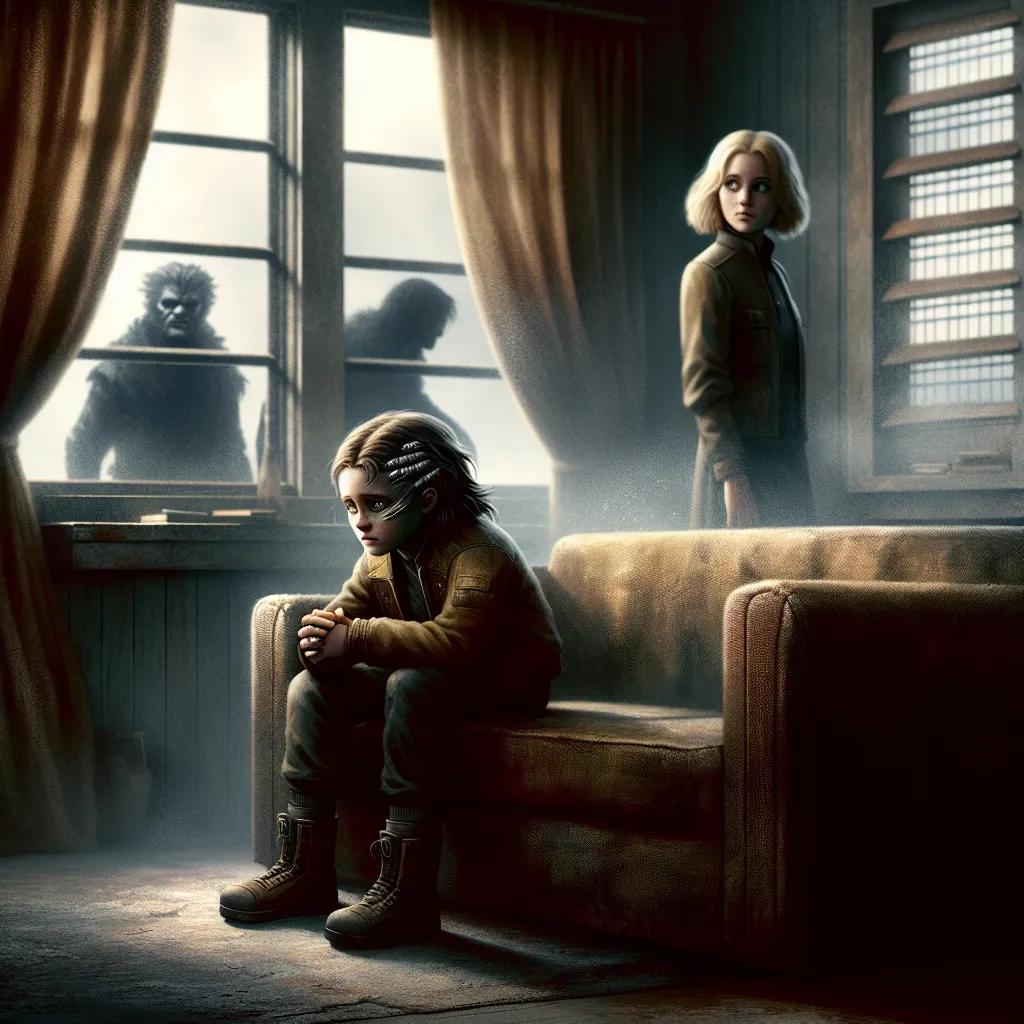 A tense, dimly lit room with a worn, rugged couch where a young mutant girl with half-moon shaped claws rests tensely, her hands pressed together. Nearby, a calm blonde woman watches curtained windows with quiet strength. Outside, shadowed figures speak urgently in the doorway, one rough and authoritative male voice. The atmosphere melds weariness and newfound resolve, hinting at an imminent dangerous mission against a hidden Hydra threat.