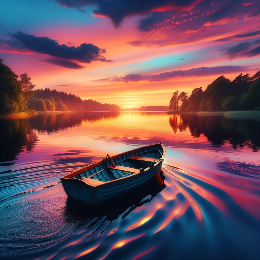 A beautiful sunset over a serene lake, with vibrant colors reflecting off the calm water. A small wooden boat glides peacefully through the scene.
