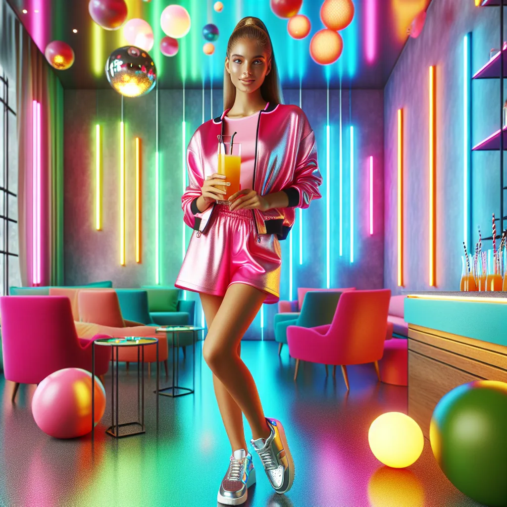 In the image, a young girl named Annabelle is seen wearing a neon-pink clubbing dress, silver heels, and accessories. She stands confidently with a cosmopolitan in hand, surrounded by colorful lights and a vibrant club atmosphere. She exudes a sense of empowerment and joy as she embraces her new identity.
