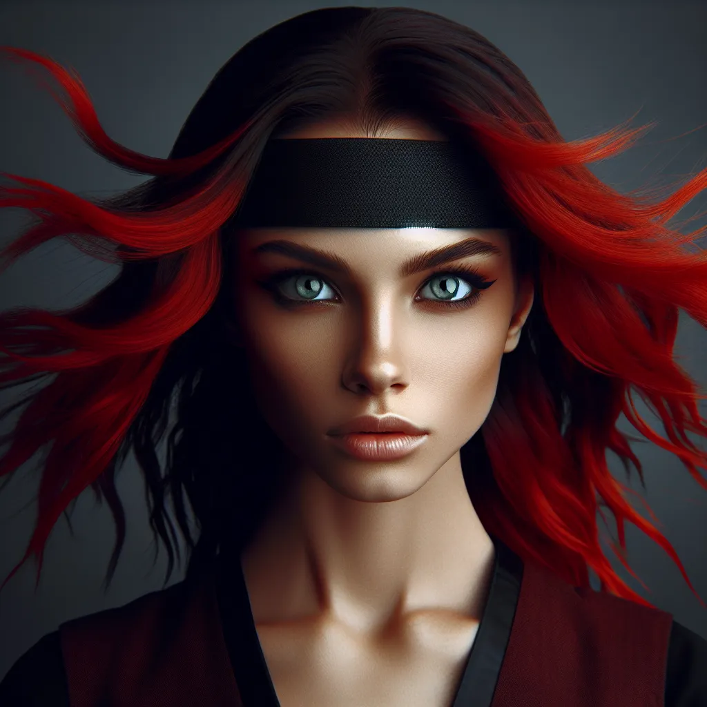 An image of Naruto Uzumaki, now transformed into a female form named Narumi Uzumaki, gazes defiantly into the mirror. Her features resemble a mix of her mother and father, with red hair reminiscent of Kushina Uzumaki and an intense gaze reminiscent of Minato Namikaze. The image captures Narumi's striking appearance and her newly found grace and strength as she begins her journey as a kunoichi in this altered reality.