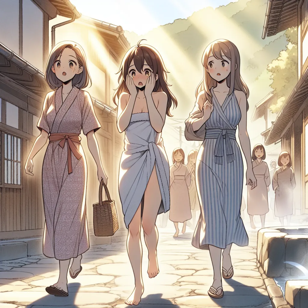 The image accompanying this story will depict three friends, Naruto, Sakura, and Ino, strolling through the serene streets of Konoha village. They are heading towards the hot springs, with sunlight casting a soft golden glow on the scene. Naruto, experiencing a shocking transformation into a woman, feels frustrated and desperate as his friends remain blissfully unaware of the changes.