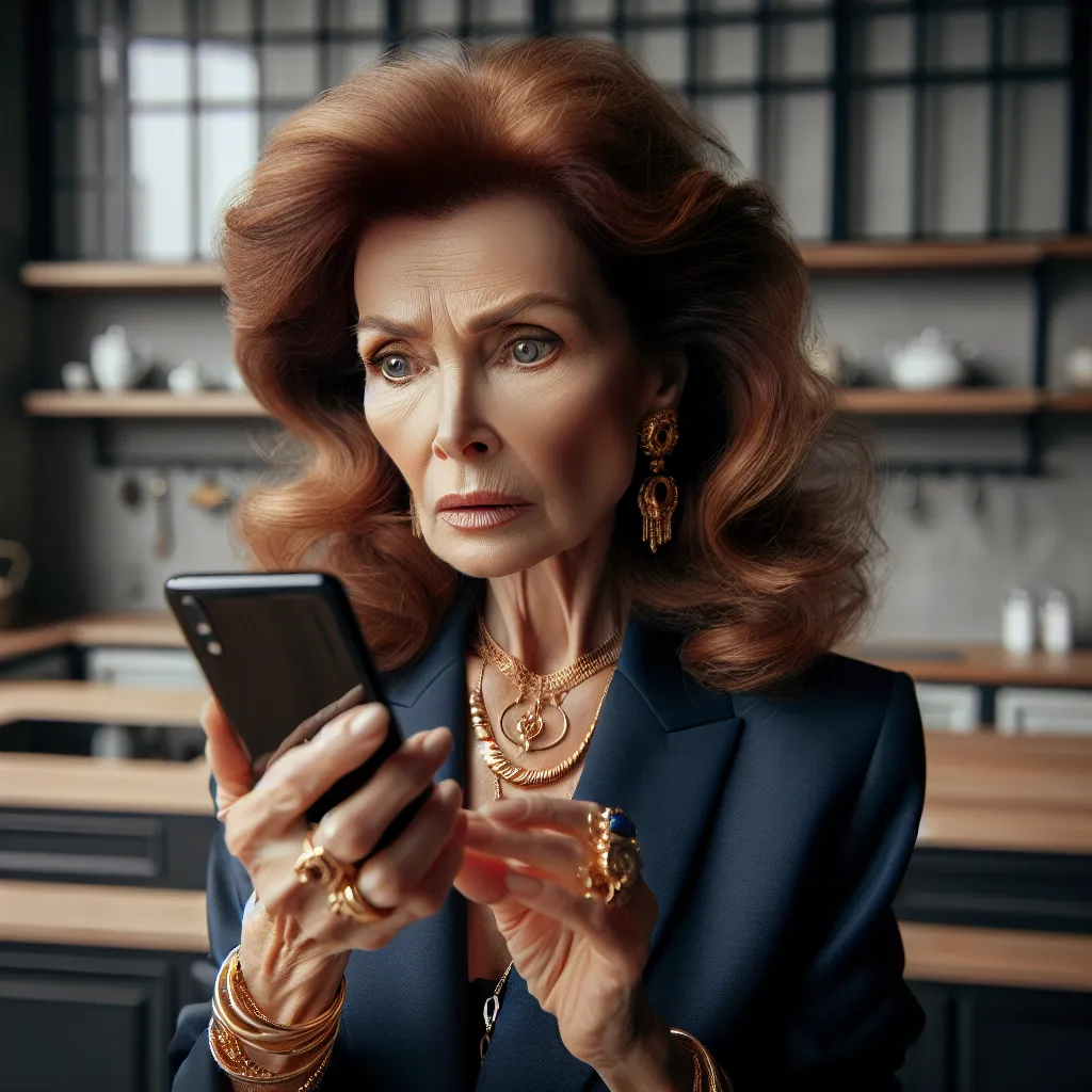 An older woman, Anne, wearing a navy blazer and gold jewelry, stands in a kitchen. She holds a phone, looking at an inappropriate image. Her auburn hair is styled in soft curls, and her hazel eyes express concern. The kitchen has a modern design, with a counter in the background displaying Anne's six pieces of jewelry. The image conveys a sense of mystery and transformation.