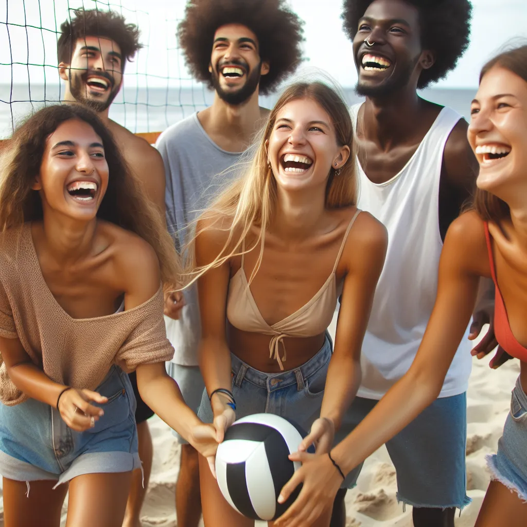 A group of diverse young friends enjoying a day at the beach, playing beach volleyball, and sharing laughter.