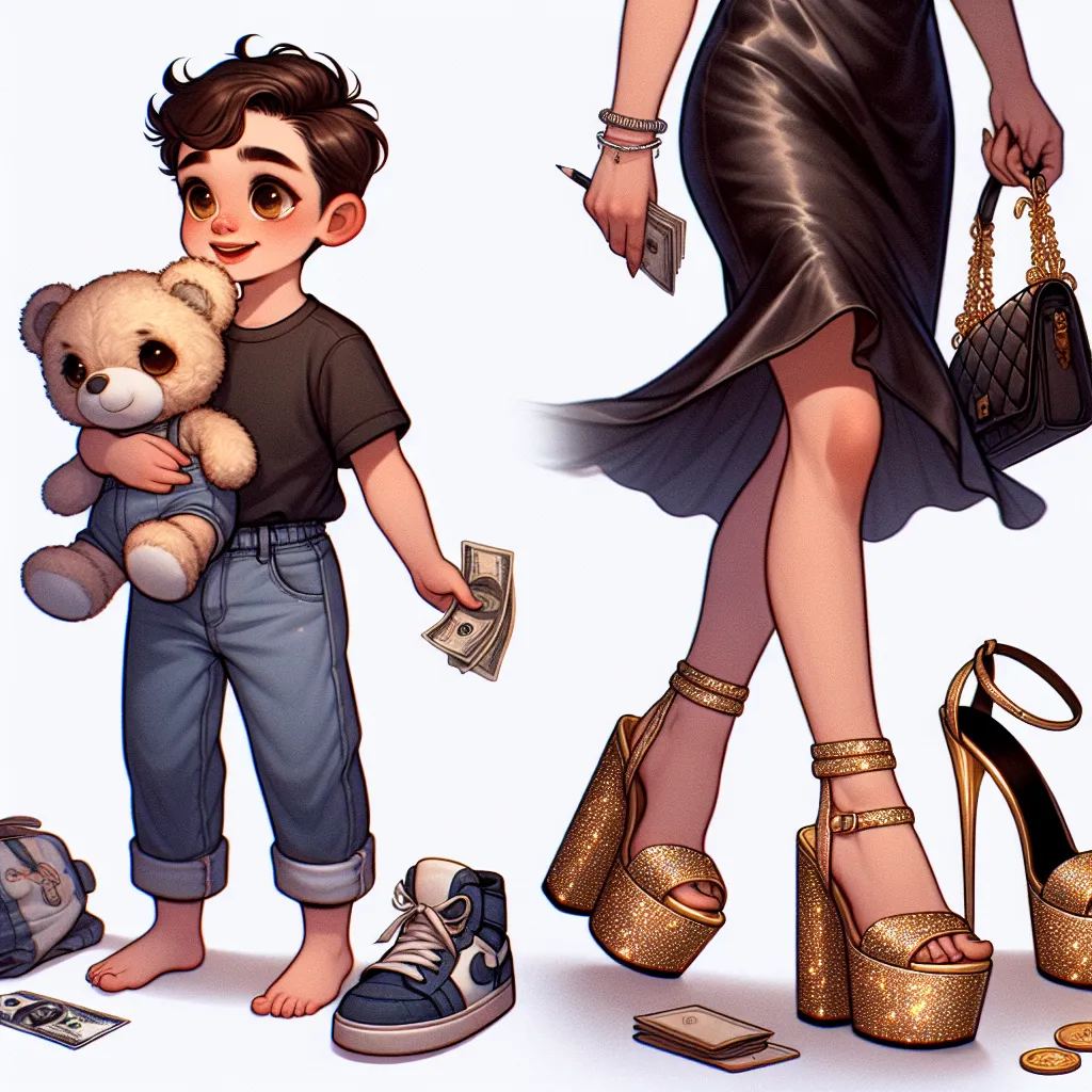 A generative image would depict a young boy walking home, holding a stuffed animal tightly. He is wearing a shirt, jeans, and shoes, and carrying some money. Nearby, a pair of golden, glittering platform sandals and a purse lie on the ground. The image would also show the transformation of the boy into an older woman named Hilda, wearing a black satin dress that matches the accessories. Hilda puts on the sandals, finds her missing jewelry, and examines the contents of her purse. She then walks c