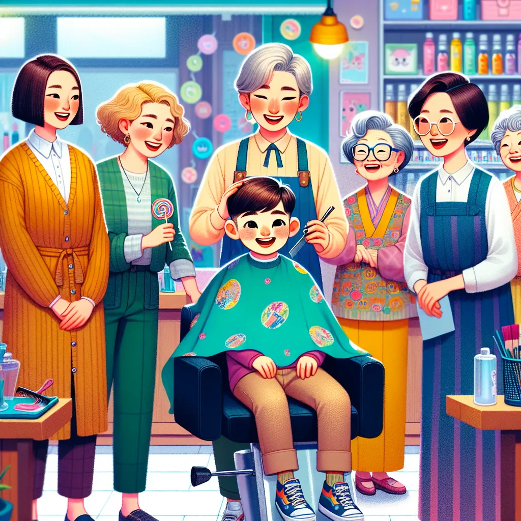 A young boy named Rowan, accompanied by his mother and grandmother, visits a lively Korean hair salon, where five stylish women work their magic. They consider a mystical Hair Bonding Spell but ultimately focus on giving Rowan a stylish haircut, complete with stickers and lollipops. As Rowan leaves with his family, the salon women wave goodbye, their day filled with laughter and kindness.