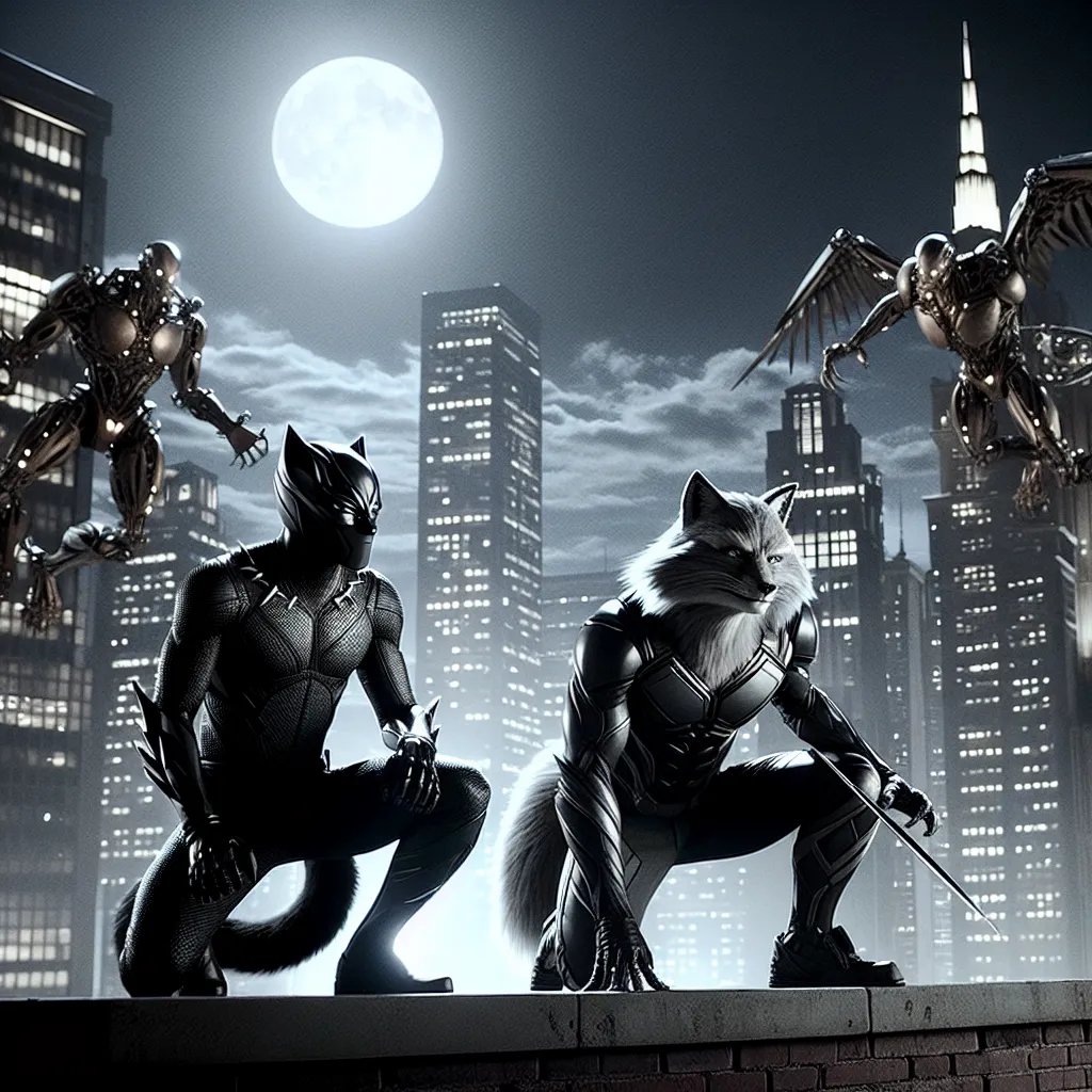 In the image, Black Cat and Fox Kid stand together on a rooftop, ready for battle. The moon casts a silvery glow on the city skyline behind them, as they prepare to take on the Vulture and his robotic creations. The tension between them is evident as they exchange a playful yet intense gaze, hinting at the brewing romance between them.