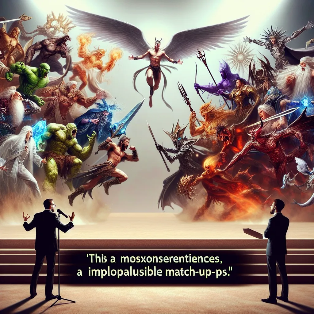 An announcer introduces a fantasy battle between Lucifer Morningstar and various iconic characters, but a frustrated reviewer interjects, pointing out the inaccuracies and unrealistic match-ups. The image should depict the epic clash between Lucifer Morningstar and the misfit characters, reflecting the fantastical and intense nature of the showdown.