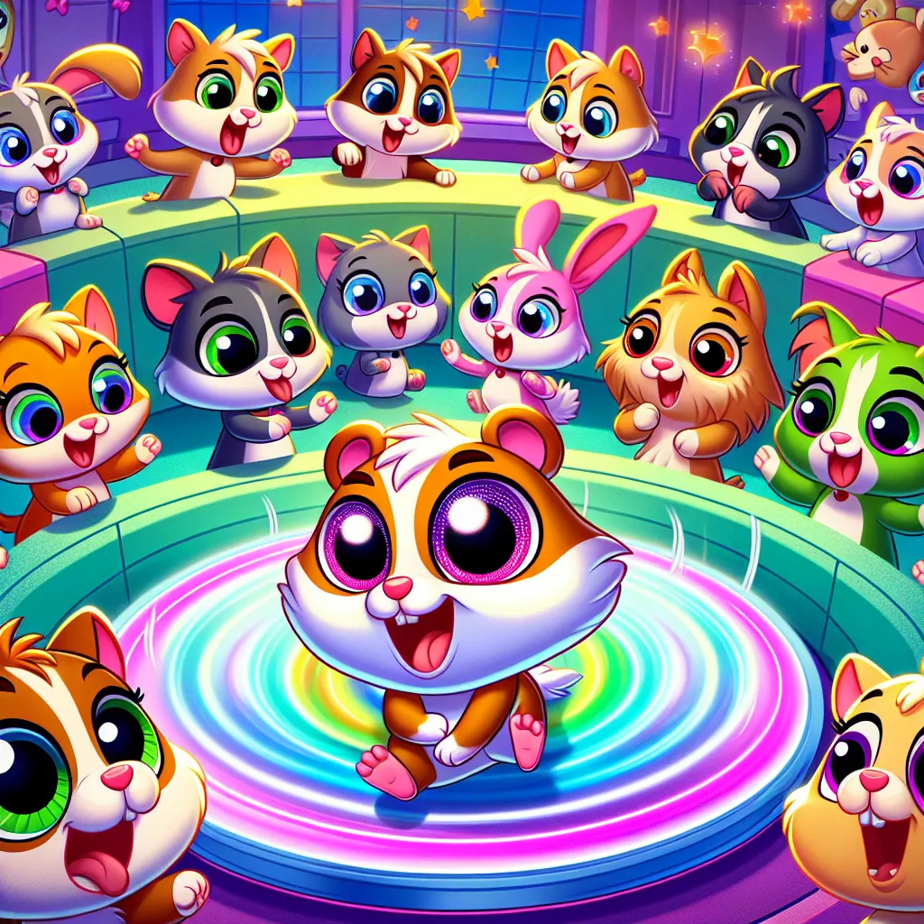 An animated scene from "Littlest Pet Shop: A World of Our Own" where Trip Hamston uses a shiny spinning disc to hypnotize his friends into silly antics, causing chaos until they team up to reverse the spell and prank Trip in return.