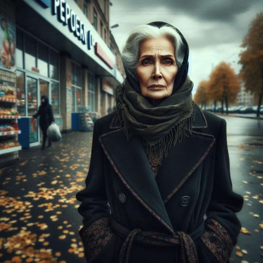 A story of a young boy named Michael who, through a strange twist of fate, transforms into an elderly Russian woman named Galina Ivanova Trofimovna while on a trip to the grocery store. As Galina navigates this unfamiliar world with suspicion and strength, the image captures her sharp, cold gaze and commanding presence, embodying the toughness and resilience of this unexpected transformation.