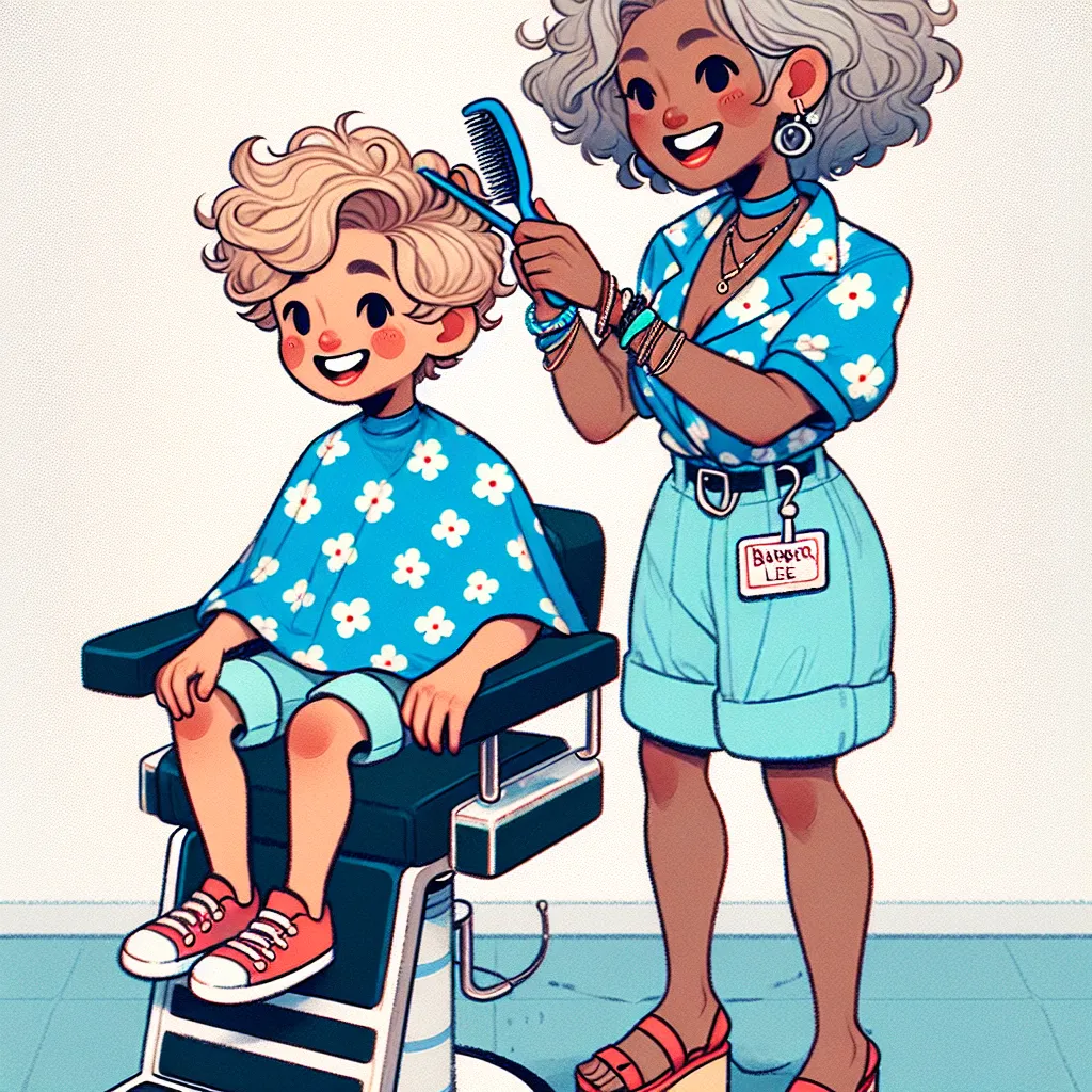 An image showing a young boy with blond, curly hair sitting in a barber's chair while a Korean woman, Mrs. Lee, is brushing his hair. Mrs. Lee is wearing a blue blouse with white flowers, light blue shorts, and red platform sandals. She has short, wavy gray hair and is wearing several pieces of jewelry. The image captures a happy and magical moment between Jake and Mrs. Lee, representing the story of their unexpected body switch and the fun they had together.