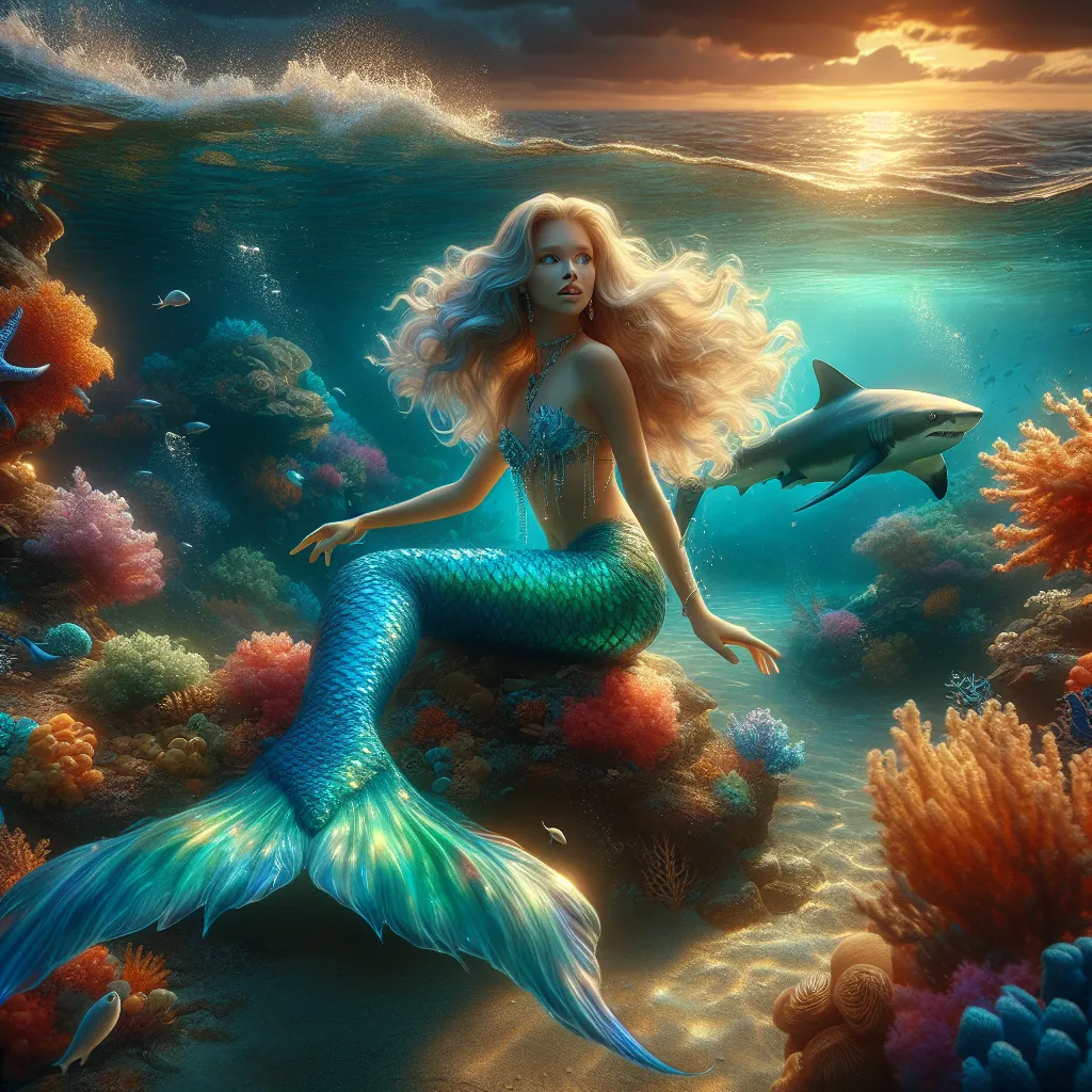 An image of a young mermaid with a shimmering aquamarine and turquoise tail, swimming gracefully underwater amidst coral reefs. The mermaid's blonde hair flows in the water as she looks back, showing a mixture of both triumph and determination on her face. In the distance, a white shark patrols the outskirts, creating a sense of danger and anticipation. The scene takes place during sunset, with golden hues cast across the glistening waves.