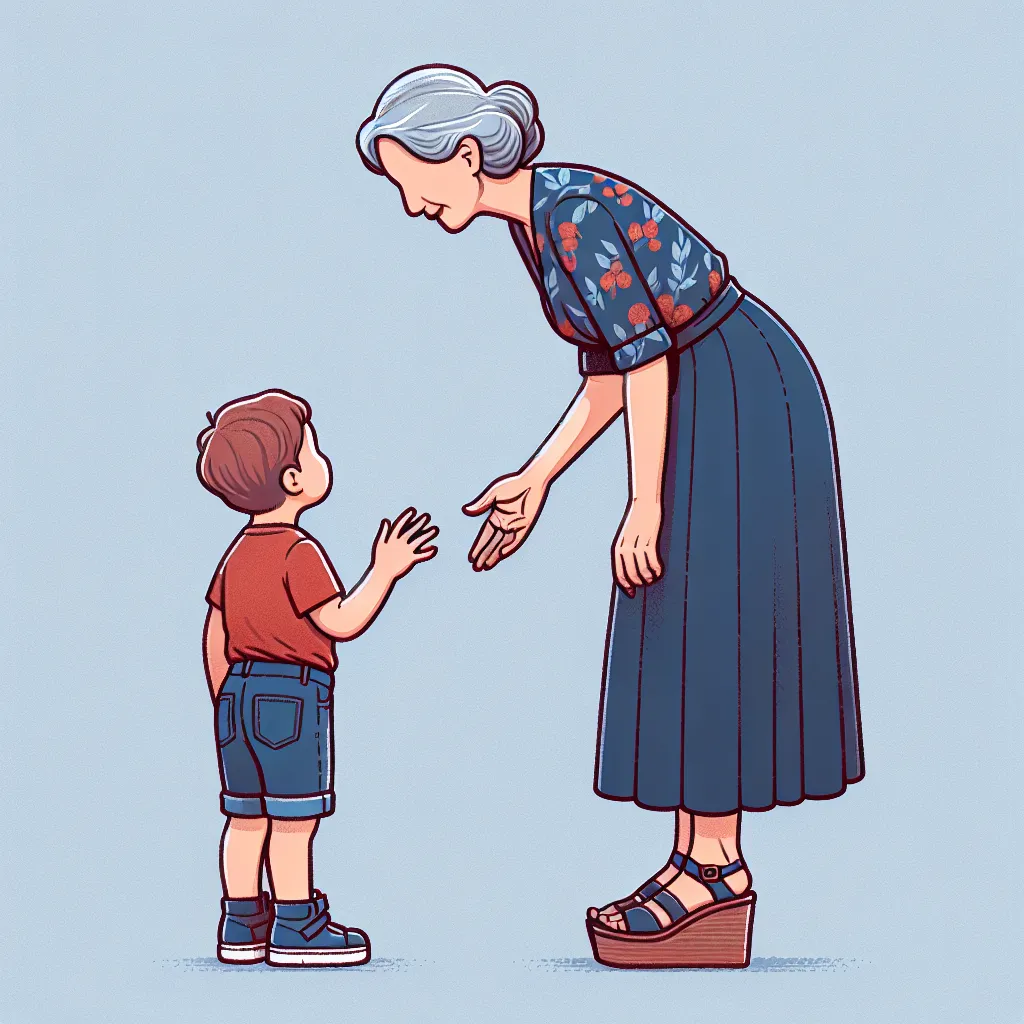 A 5-year-old boy named Evan, wearing blue jeans and a red t-shirt, approaches an older woman, Wendy Clarke. Wendy, wearing a floral blouse, a navy blue skirt, and platform sandals, stands with her hand outstretched towards Evan.