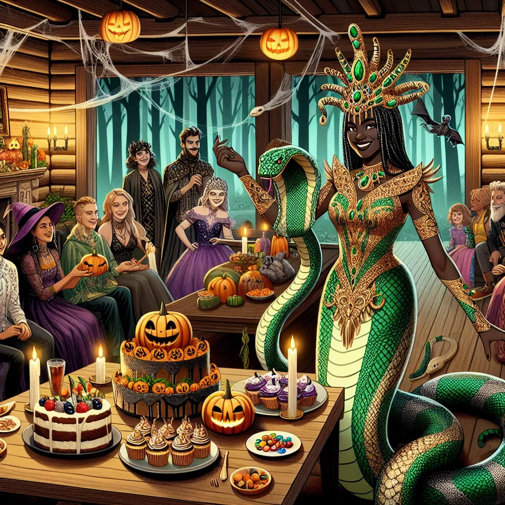 An adventurous tale of Amelia, the Serpent Queen, making a bold entrance at a Halloween cabin party with elaborate costume and themed snacks, eventually learning the value of patience and good manners while enjoying the spooky festivities with friends.