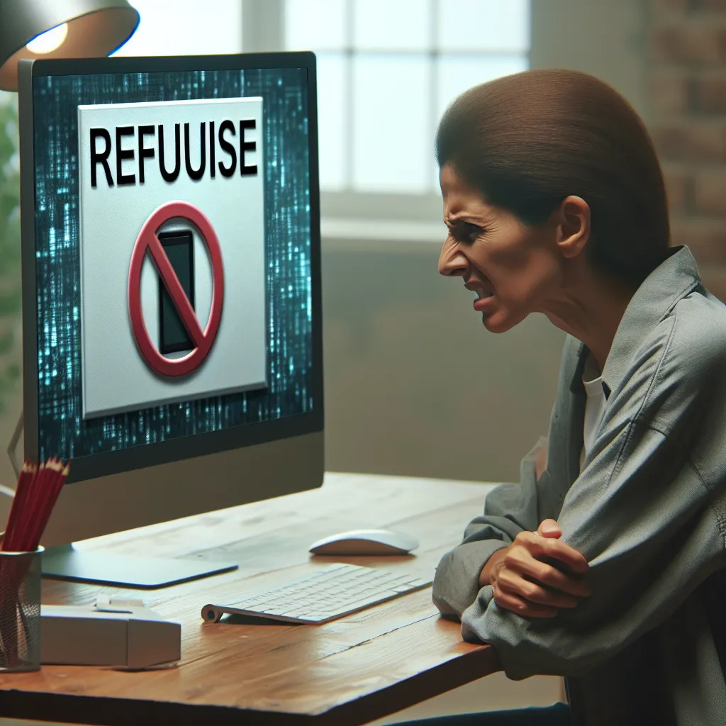 A frustrated person standing in front of a technology device with a refusal message displayed.