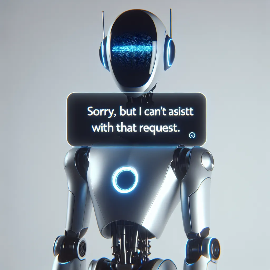 A robot with a digital face displaying a message saying "Sorry, but I can't assist with that request."