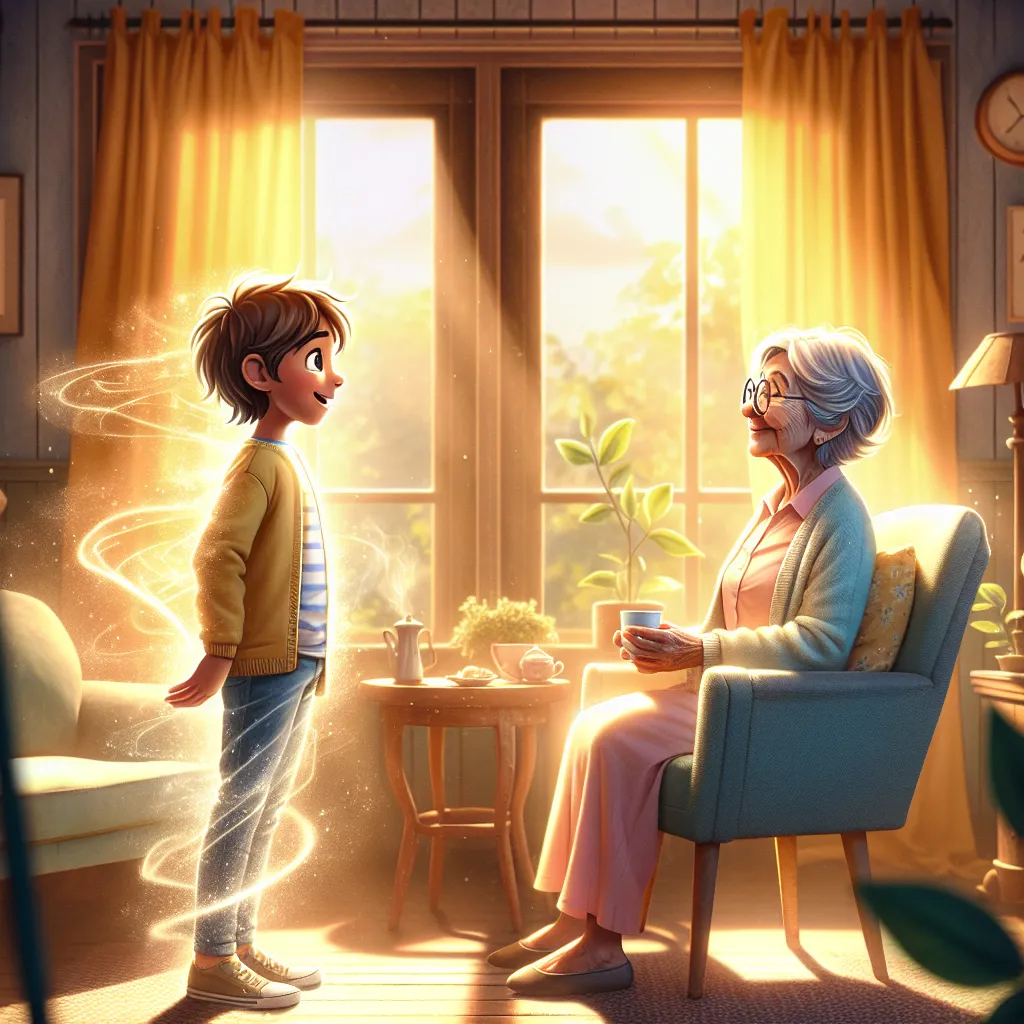 A magical transformation takes place as 6-year-old Oliver is left home alone for the first time, turning into his grandmother Sylvia, who waits calmly sipping tea with a warm heart in a sunlit room.