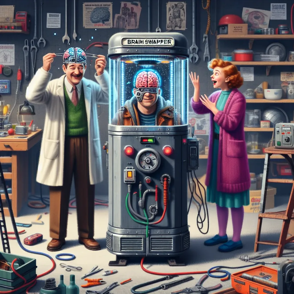 A humorous scene unfolds in a garage as a man and a woman, embodied in each other's bodies by a brain swapper machine, react to their new forms with comical confusion and amusement.