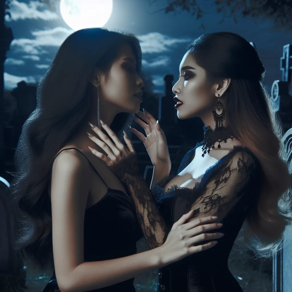 A mysterious moment of connection between two women—one human, one vampire—under the moonlit sky in a hidden cemetery.
