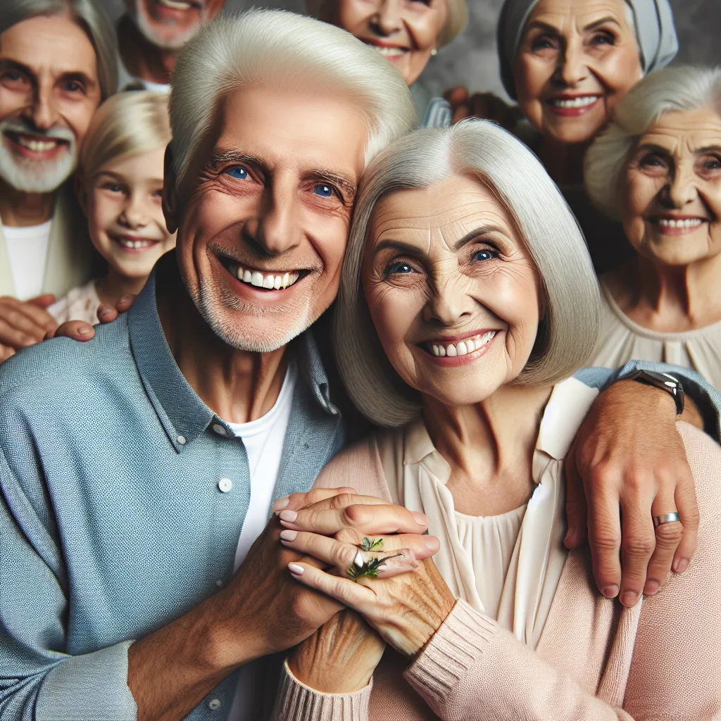 A heartwarming image featuring a loving elderly couple, Melissa and George, captured in a beautiful moment of their long, happy marriage. Their beaming smiles and intertwined hands speak to the enduring love and joy they have shared throughout the years. Surrounded by their extensive and loving family, they stand as an inspiration to future generations, their bond a testament to the power of love and the beauty of a lifelong partnership.