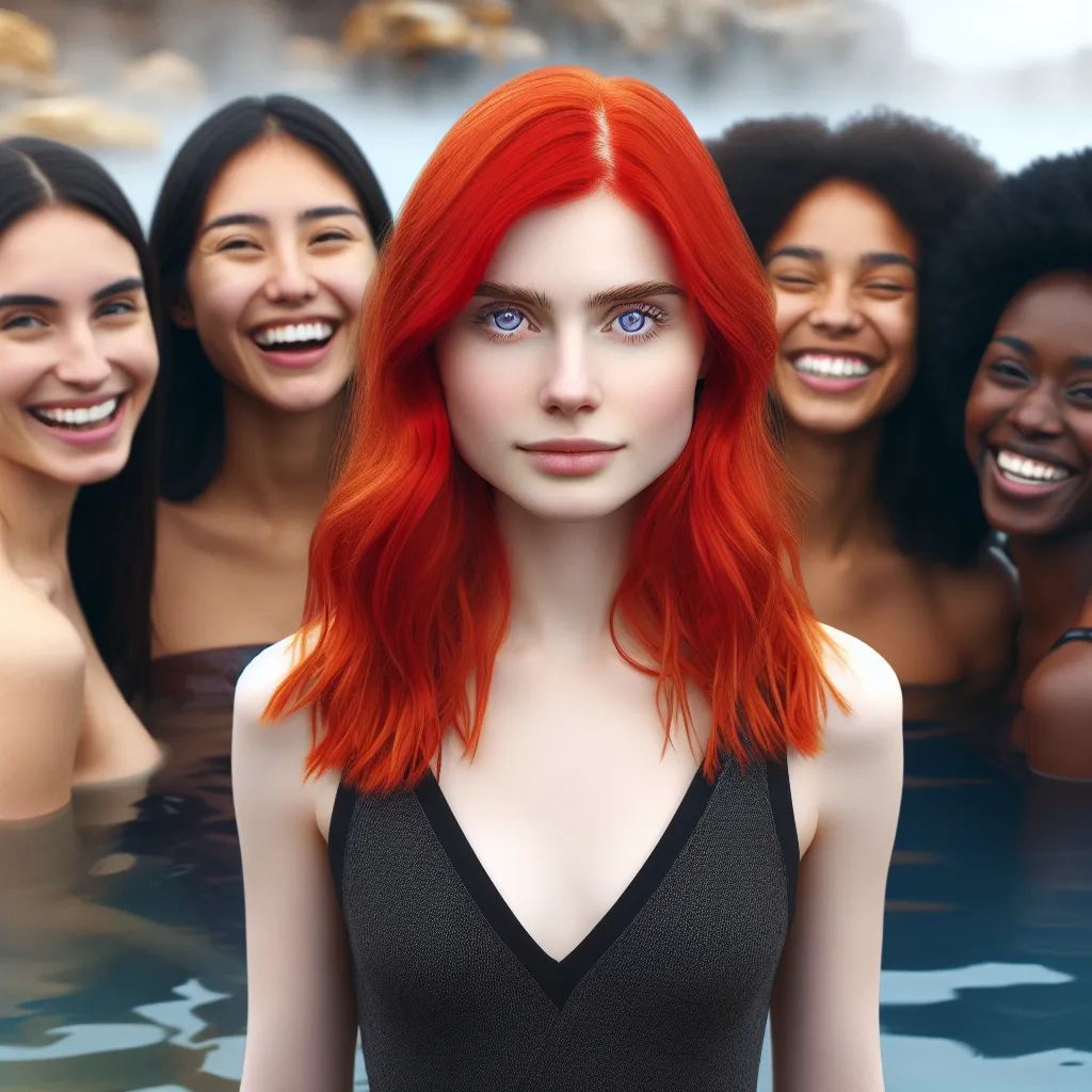 An image of a young girl with vibrant red hair, violet eyes, and a confident expression standing at the edge of a steaming hot spring, surrounded by two laughing female friends. The girl's appearance exudes power and femininity, embodying a tale of transformation and self-acceptance.