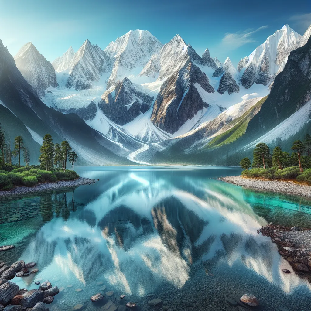 A serene mountain landscape, with snow-capped peaks and a crystal-clear lake reflecting the surrounding beauty.