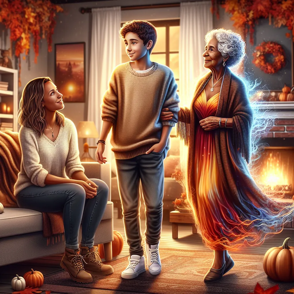 The image accompanying this story features a young boy named Liam, his mother Liz, grandmother Maggie, and a warm and cheerful household setting. Readers will see Liam's transformation into Autumn—a 27-year-old woman—taking place in the living room, capturing the magical and emotional shift in the narrative. The characters are depicted in a moment of connection, with autumnal colors and details to reflect the transformation and sense of belonging described in the story.