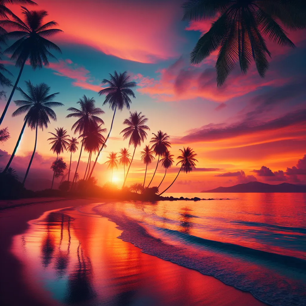 A stunning view of a serene beach at sunset, with vibrant hues of orange and pink reflecting off the calm waves while silhouettes of palm trees sway gently in the background.