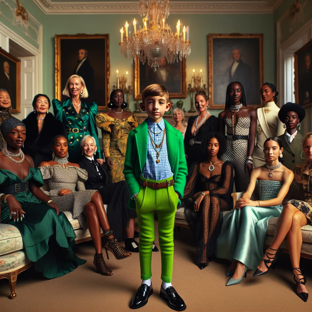 An image of a young boy, clad in a bright green dress, open-toe heels, and jewelry, standing awkwardly amidst a group of sophisticated British women in a luxurious living room.