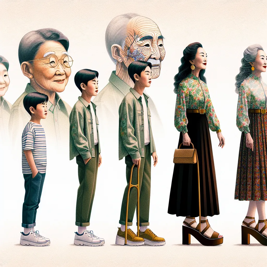 An illustration of a 7-year-old boy named Timothy, transforming into a 63-year-old Korean woman, Mrs. Park. The transformation involves his features aging rapidly, culminating in him wearing Mrs. Park's chic outfit and platform sandals.