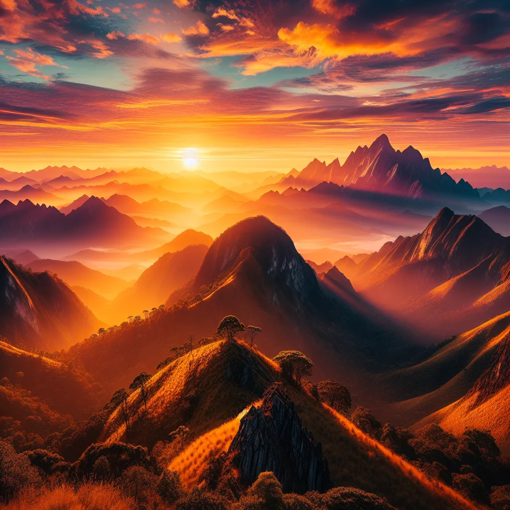 No worries! Here is a concise description for the image:
"A majestic mountain range looms against a vibrant sky during a breathtaking sunrise, casting golden hues over the serene landscape."