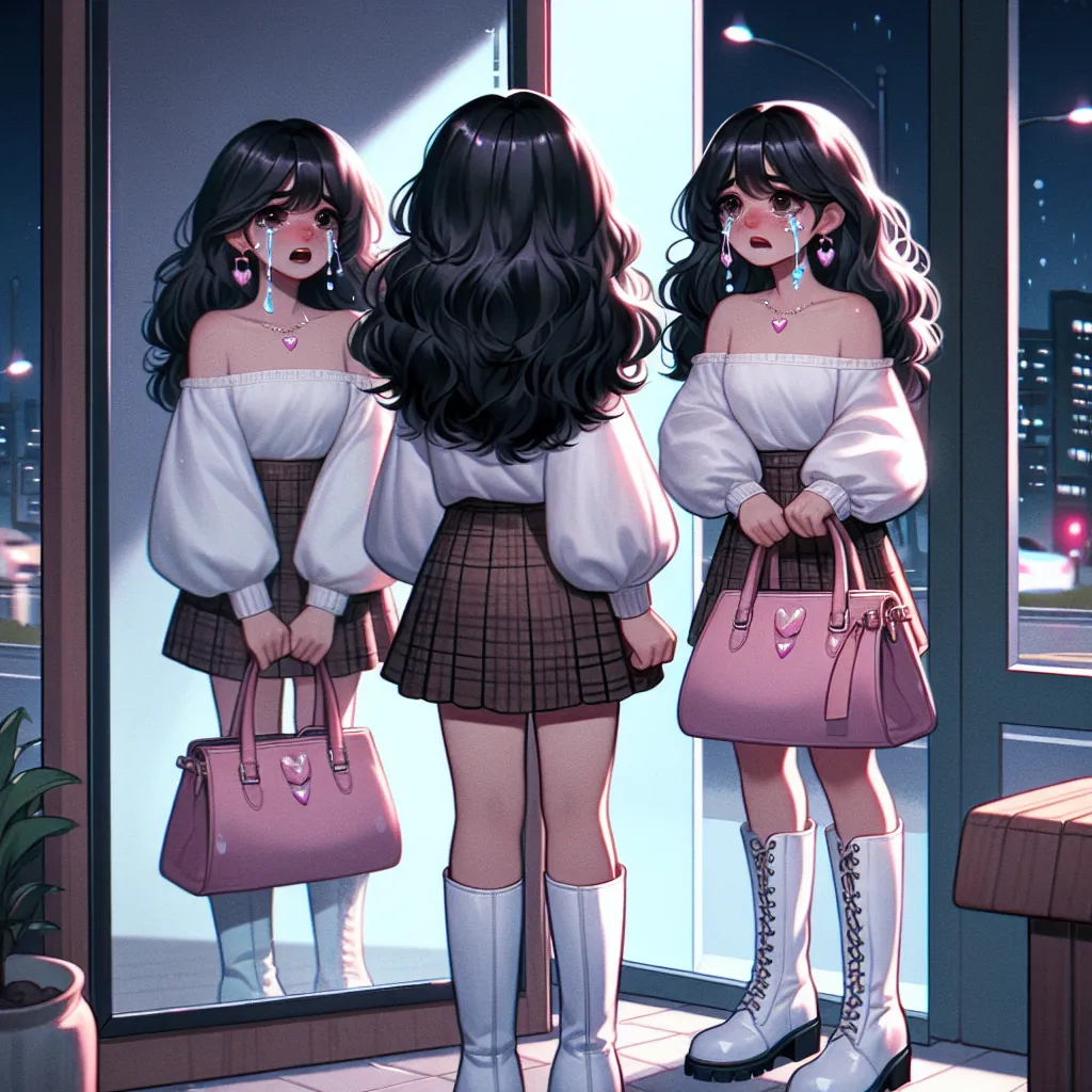 A young girl named Jenna, previously known as Jimmy, stands in front of a mirror in a feminine outfit. She has shoulder-length wavy black hair and dark brown eyes. She is confused and upset about her transformation, which has also changed her race. Jenna wears knee-high white boots and carries a large pink purse. She looks lost and alone on a deserted street at night. Tears stream down her cheeks as she longs for her family. Despite her fear and uncertainty, she musters the courage to seek help 