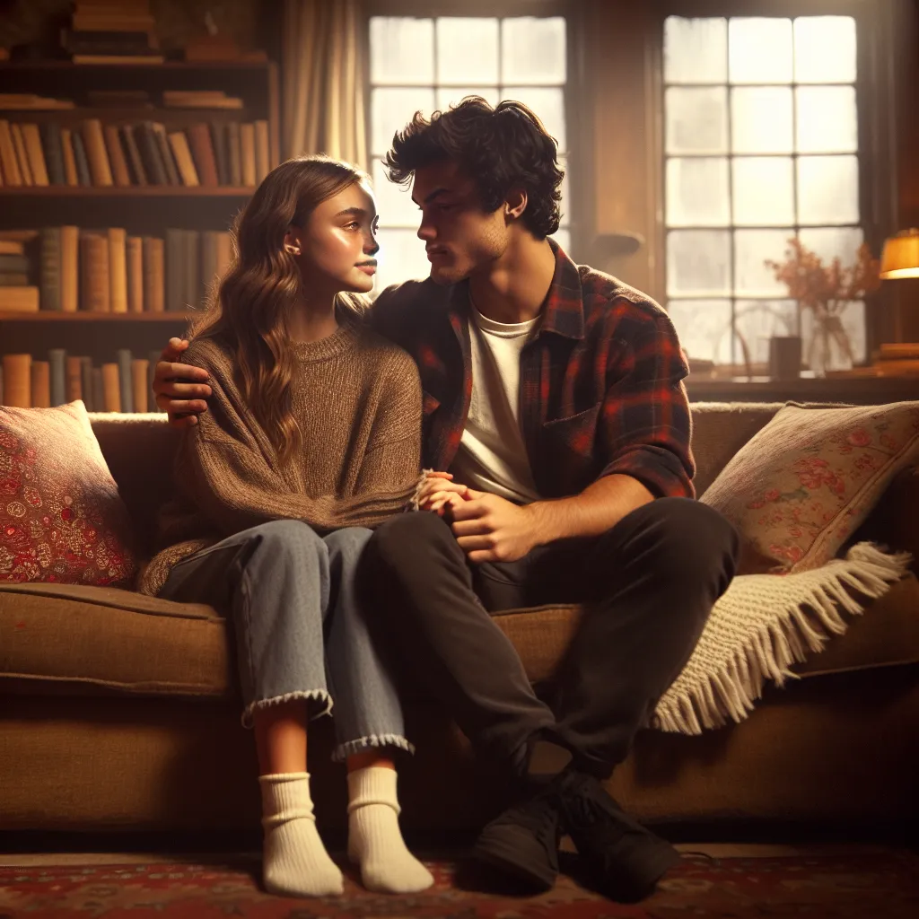 A romantic scene unfolds in a cozy living room as Amelia and Ethan share a tender embrace on a worn couch, their bodies entwined in a moment of intimate connection and unspoken promises.