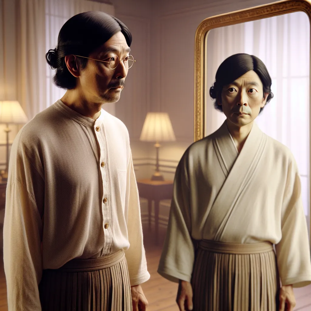 A visually captivating image of a man's reflection in a mirror, depicting the pivotal moment in a story of body swap and identity transformation between Trevor Maloney and Yoshika Miyafuji. The man's expression conveys a mix of shock, uncertainty, and introspection as he sees himself in a new body, symbolizing the emotional and physical journey of self-discovery and acceptance in the narrative.