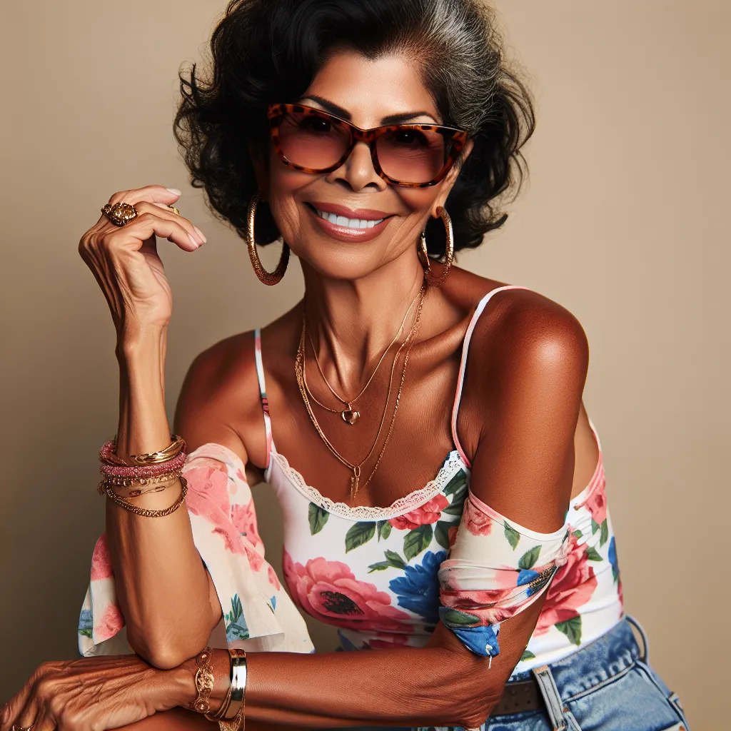 The image accompanying this story is a portrait of Rosa, a confident and vibrant Hispanic woman in her 70s. She is wearing a floral tank top with denim shorts and pink flip-flops. Rosa is adorned with various pieces of jewelry, including gold hoop earrings, a delicate chain necklace, and a chunky gold bracelet. Her dark curly hair is tied in a bun, and she is wearing oversized sunglasses with a tortoiseshell frame. The image captures Rosa's happy and fulfilled expression, highlighting her love f