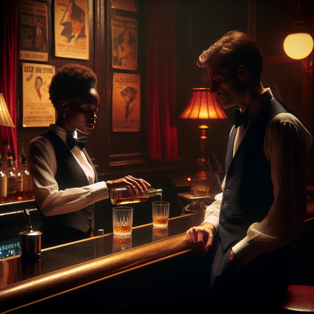 Image of a dimly lit jazz club in the early hours of the morning; a lone bartender, Lira, standing behind the bar, pouring a glass of whiskey for a solemn man in a navy peacoat. The scene captures a moment of quiet intimacy and shared sorrow as they exchange fragments of memories and truths, enveloped in the melancholic allure of the night.