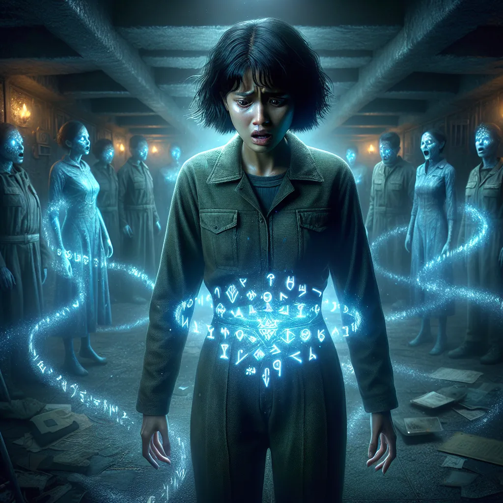 A tense, shadowy barracks room bathed in eerie blue rune light, focused on a slender, distressed young woman in a tight, worn swimsuit—her short brown hair tousled and eyes wide with fear and confusion. Ghostly silhouettes of female pilots float silently around her, their glowing eyes watchful and accusatory. Her hands tremble over a subtly swollen belly marked by intricate glowing runes spiraling ominously. The atmosphere is heavy with supernatural dread, body horror, and psychological torment,
